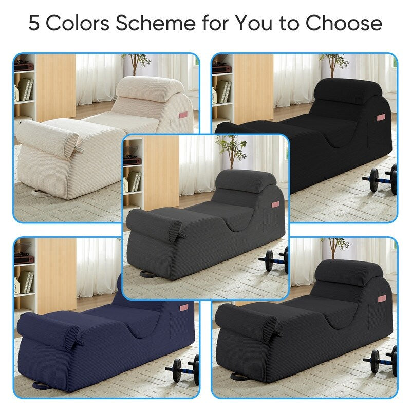Chaise longue da yoga Mixoy in velluto a coste, divano da yoga curvo con poggiatesta/cuscino per la vita/poggiapiedi mobili, fondo antiscivolo