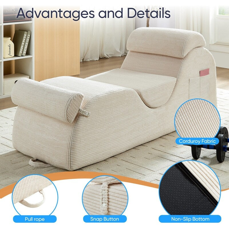 Chaise longue da yoga Mixoy in velluto a coste, divano da yoga curvo con poggiatesta/cuscino per la vita/poggiapiedi mobili, fondo antiscivolo