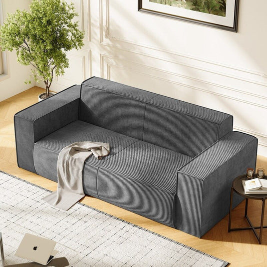 Divano a due posti moderno Mixoy in velluto con design senza gambe e braccioli allargati, divano imbottito a 2 posti per soggiorno