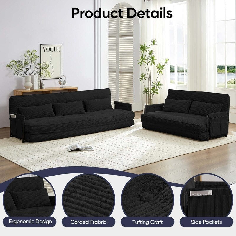 Divano letto pieghevole multifunzionale Mixoy, divano a 3 posti con divanetto, schienale regolabile in 6 posizioni