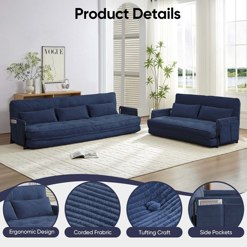 Divano letto pieghevole multifunzionale Mixoy, divano a 3 posti con divanetto, schienale regolabile in 6 posizioni