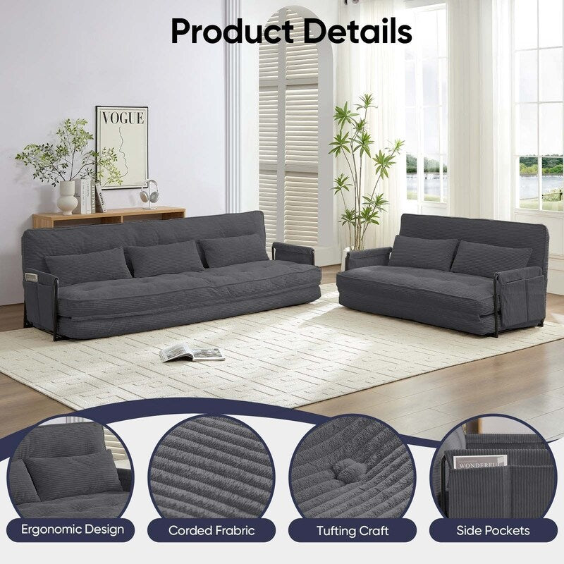 Divano letto pieghevole multifunzionale Mixoy, divano a 3 posti con divanetto, schienale regolabile in 6 posizioni