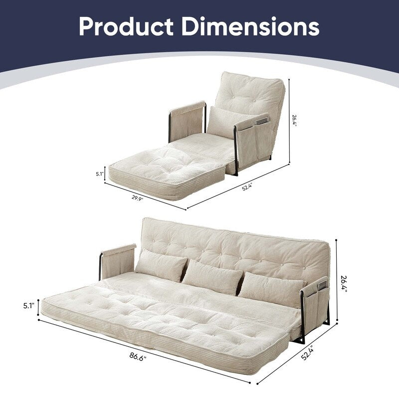 Divano letto pieghevole multifunzionale Mixoy, divano pigro con cuscini, schienale regolabile in 6 posizioni - 2+1