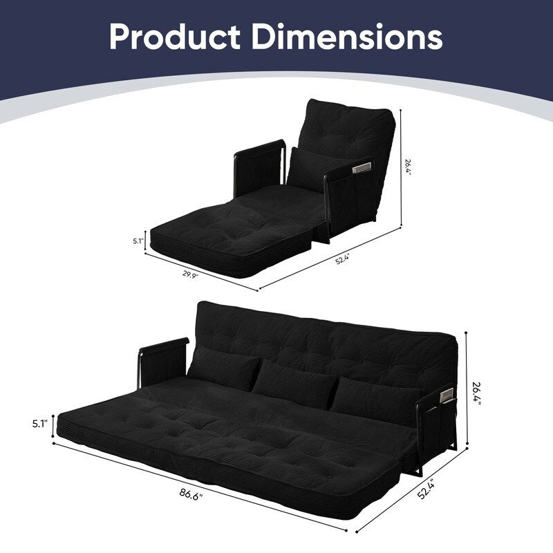 Divano letto pieghevole multifunzionale Mixoy, divano pigro con cuscini, schienale regolabile in 6 posizioni - 2+1
