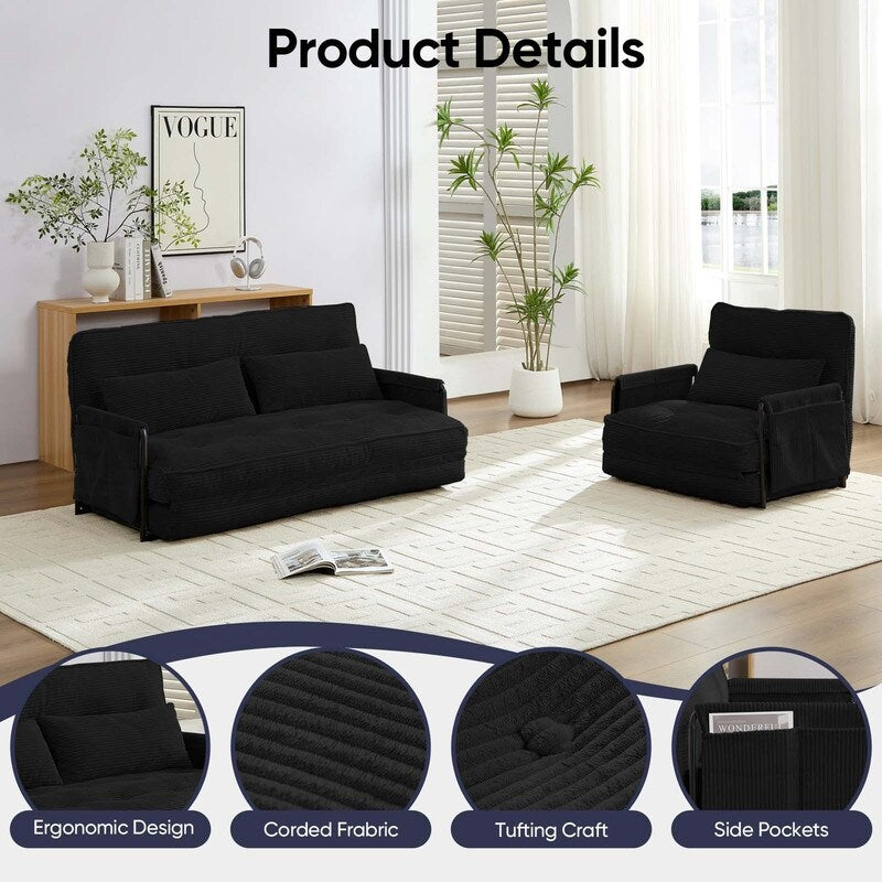 Divano letto pieghevole multifunzionale Mixoy, divano pigro con cuscini, schienale regolabile in 6 posizioni - 2+1