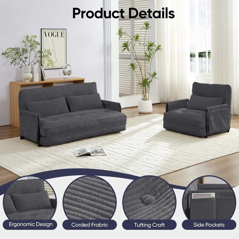 Divano letto pieghevole multifunzionale Mixoy, divano pigro con cuscini, schienale regolabile in 6 posizioni - 2+1