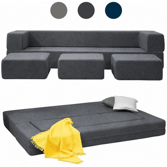 Divano letto futon in velluto convertibile Mixoy Queen con 3 pouf, memory foam, materasso pieghevole, divano da pavimento