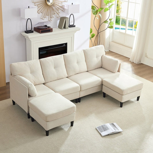 Divani componibili a U Mixoy W87, divano trasformabile in velluto a 4 posti con pouf contenitore mobili