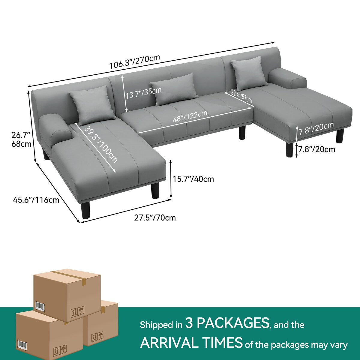 Divano componibile moderno a forma di U Moasis 106 PU - 106,3 L x 45,6 W x 26,7 H