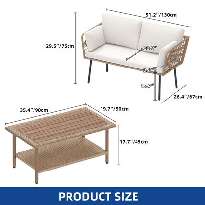 Set di mobili da giardino Moasis da 2 pezzi, divano a due posti in rattan e vimini con tavolino da caffè