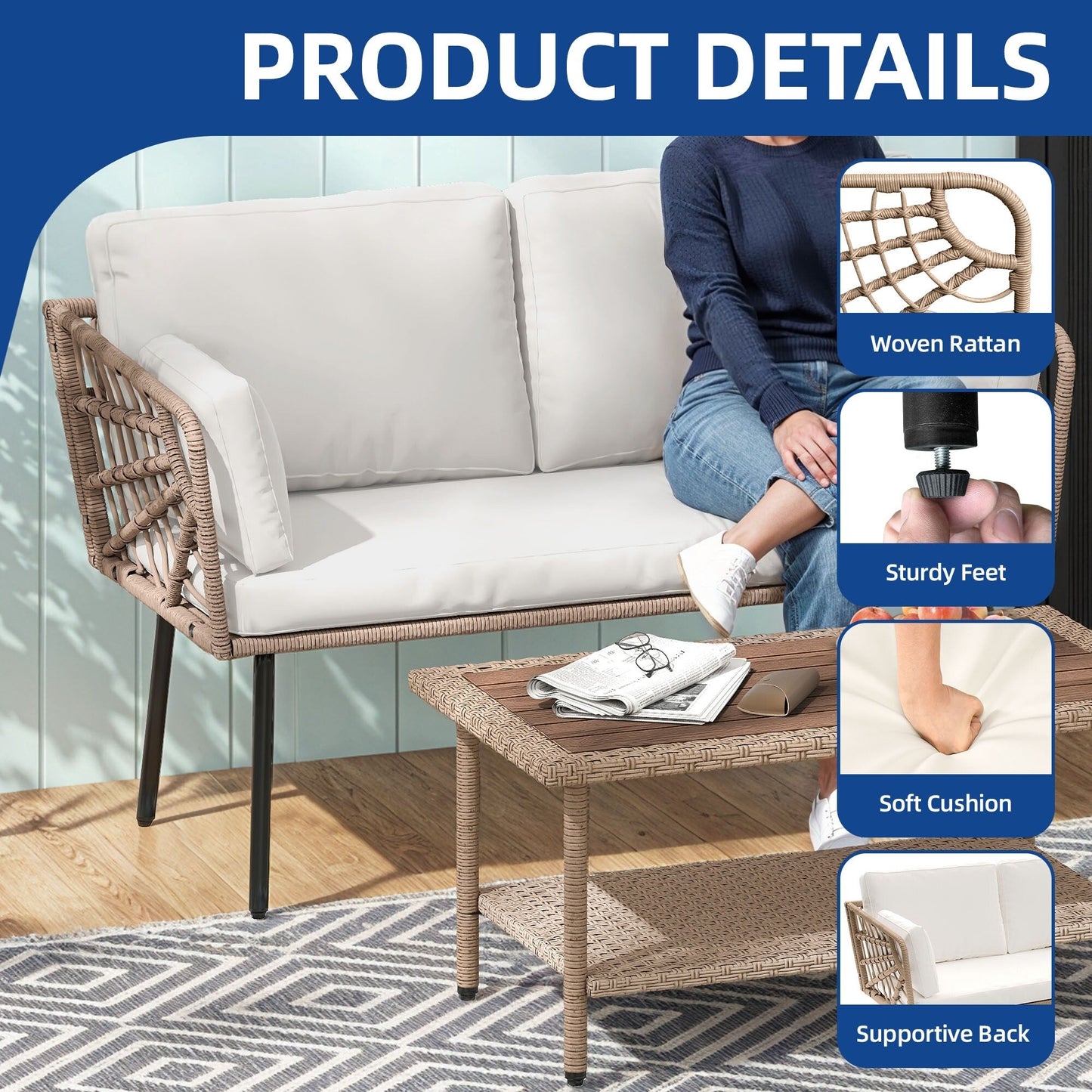 Set di mobili da giardino Moasis da 2 pezzi, divano a due posti in rattan e vimini con tavolino da caffè