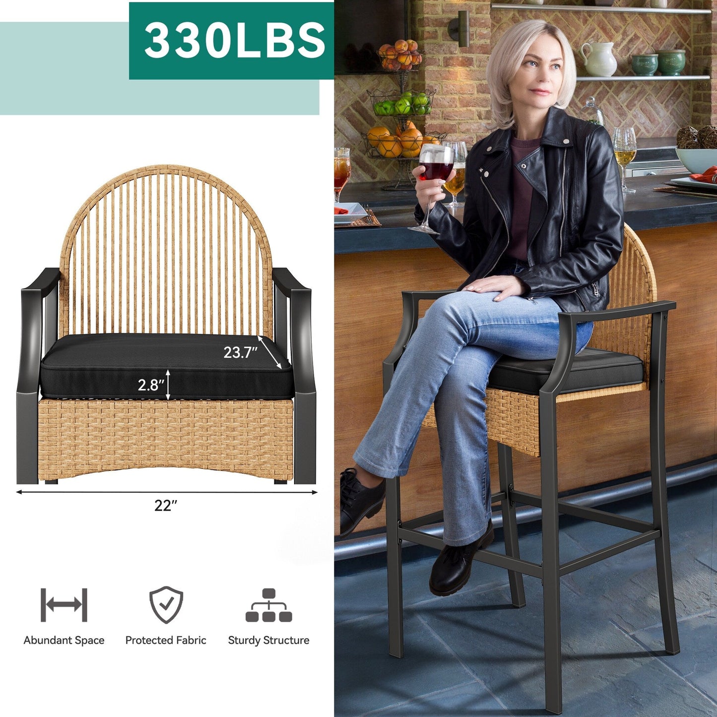 Moasis, set da bar in vimini per esterni, altezza bistrot, 3 pezzi, con cuscini morbidi - 3 pezzi