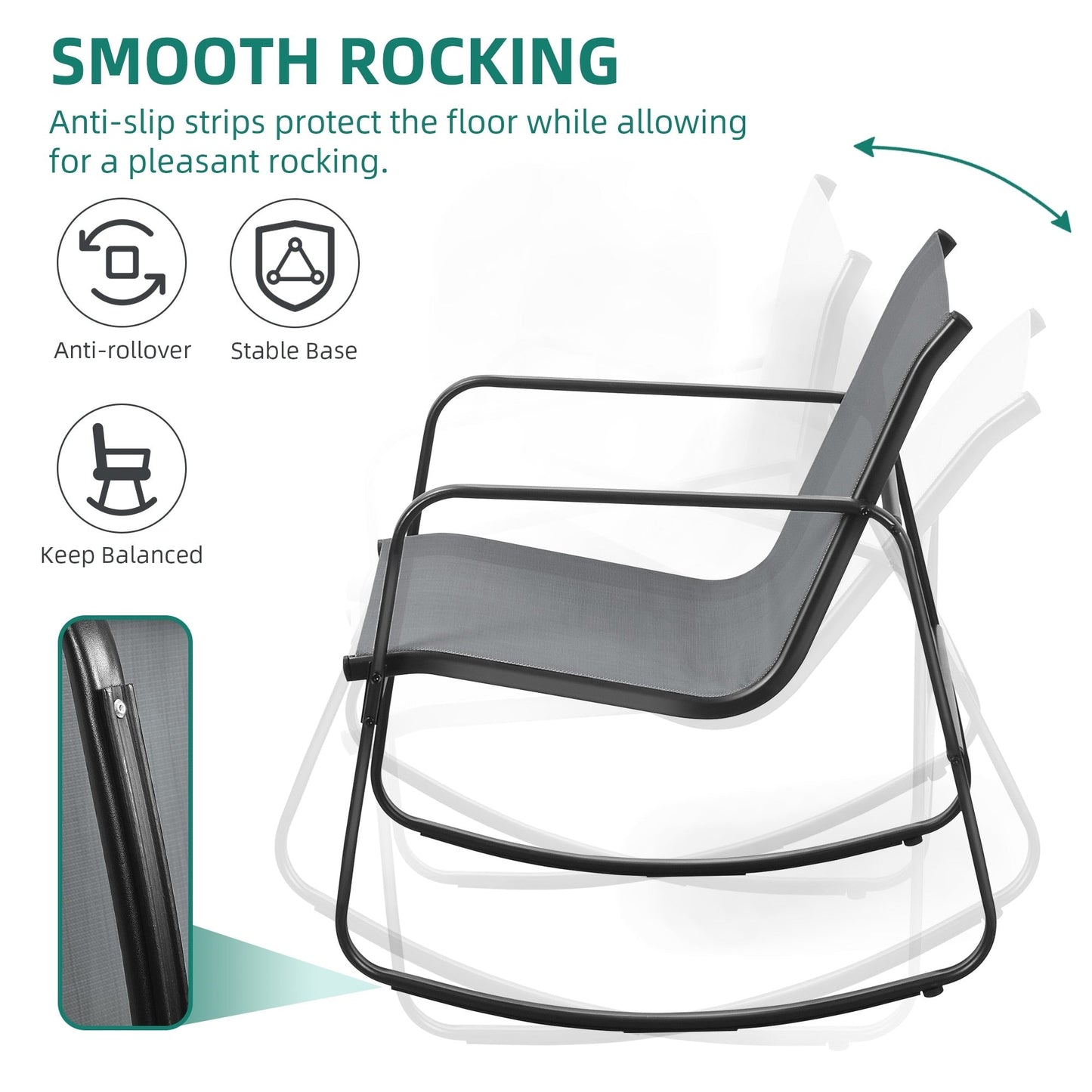 Set da bistrot con mobili da giardino a dondolo Moasis da 3 pezzi, sedie e tavolo in vetro