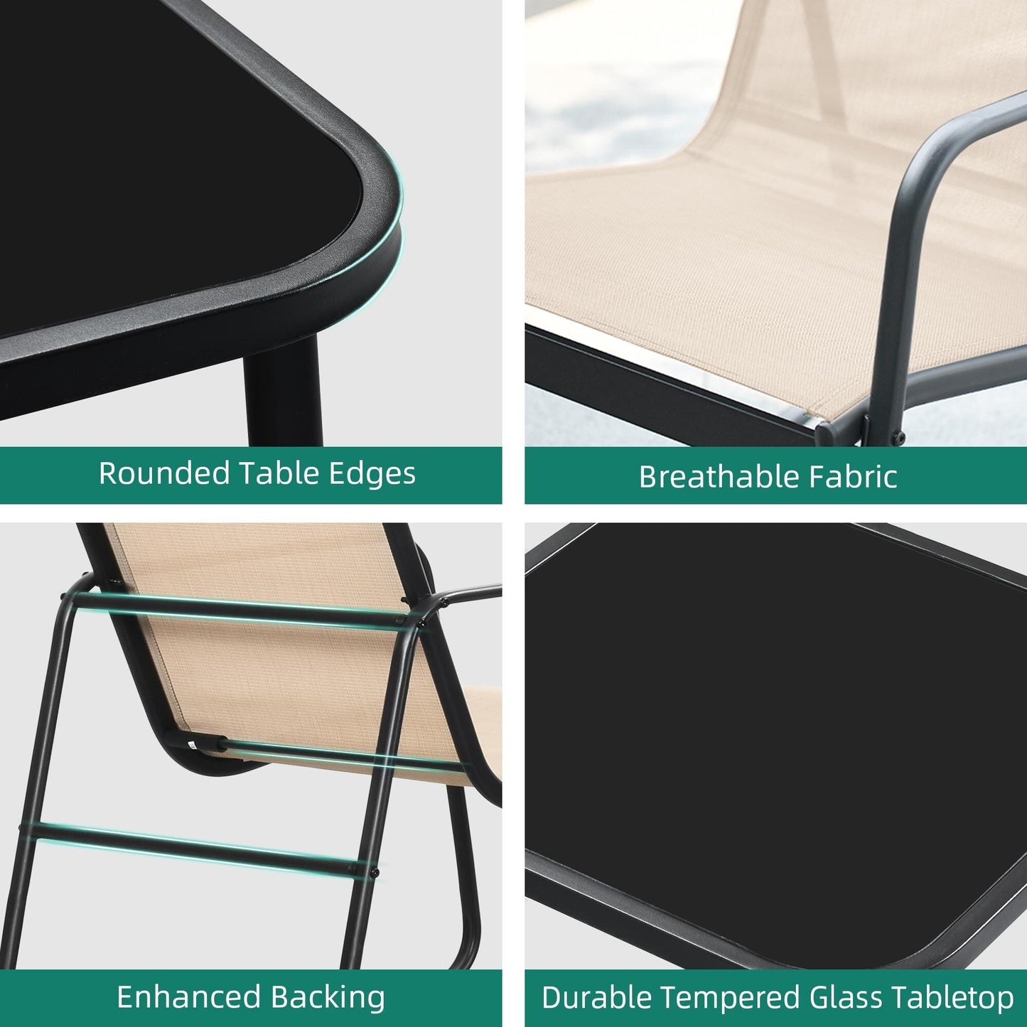 Set da bistrot con mobili da giardino a dondolo Moasis da 3 pezzi, sedie e tavolo in vetro