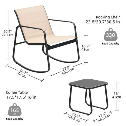 Set da bistrot con mobili da giardino a dondolo Moasis da 3 pezzi, sedie e tavolo in vetro