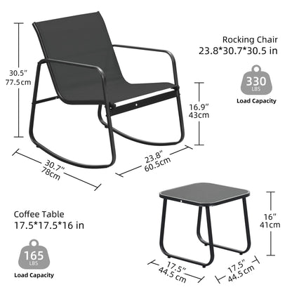 Set da bistrot con mobili da giardino a dondolo Moasis da 3 pezzi, sedie e tavolo in vetro