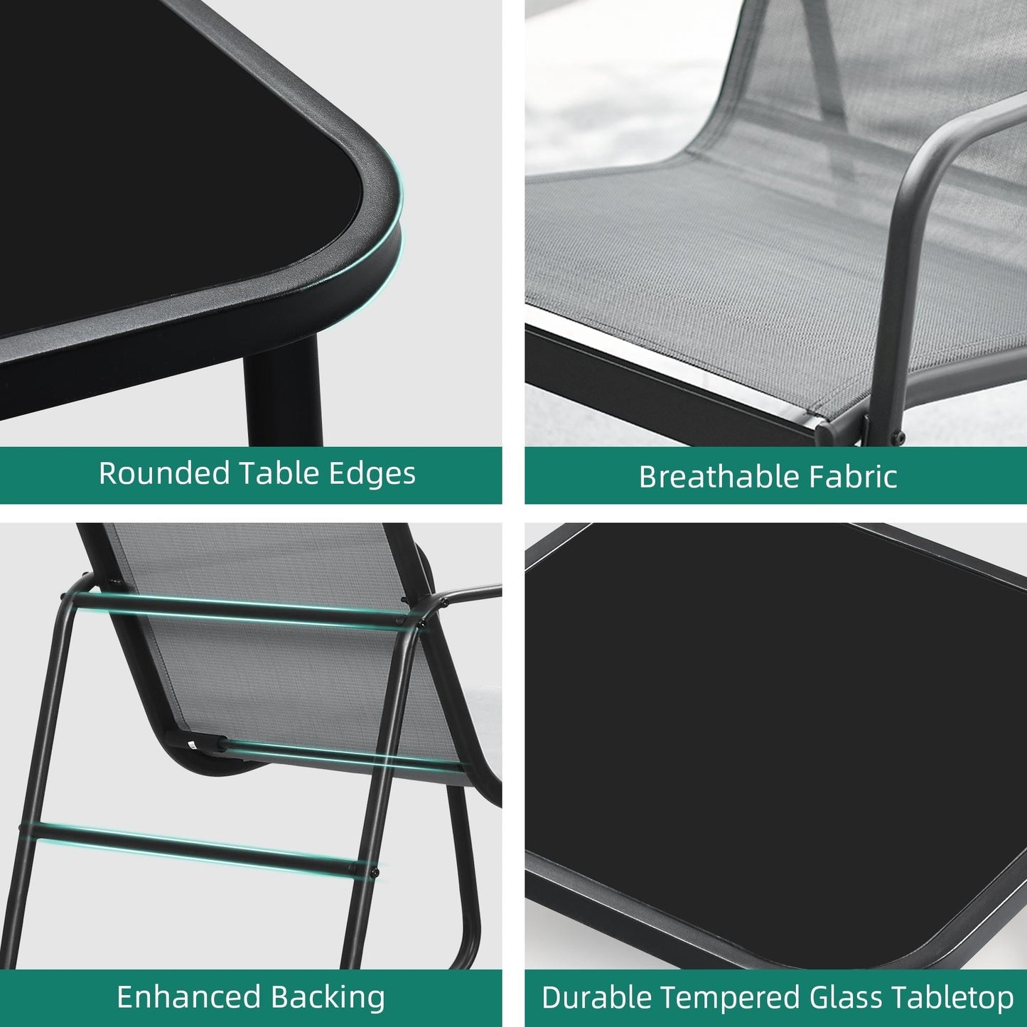 Set da bistrot con mobili da giardino a dondolo Moasis da 3 pezzi, sedie e tavolo in vetro