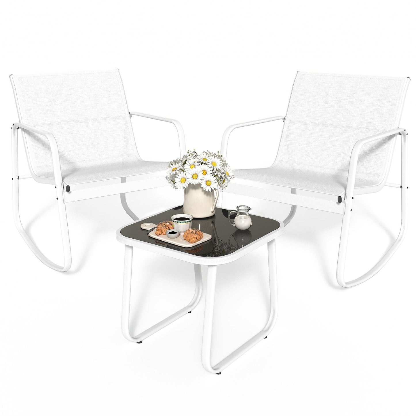 Set da bistrot con mobili da giardino a dondolo Moasis da 3 pezzi, sedie e tavolo in vetro