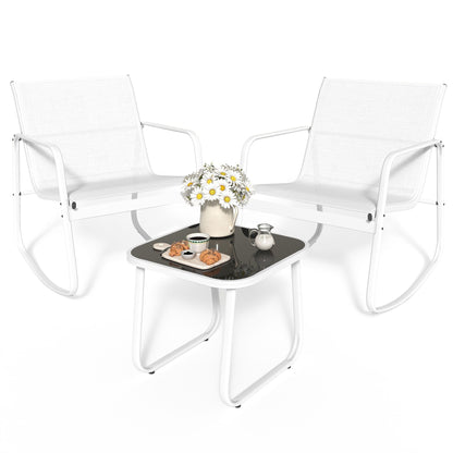 Set da bistrot con mobili da giardino a dondolo Moasis da 3 pezzi, sedie e tavolo in vetro