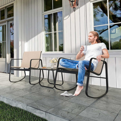 Set da bistrot con mobili da giardino a dondolo Moasis da 3 pezzi, sedie e tavolo in vetro