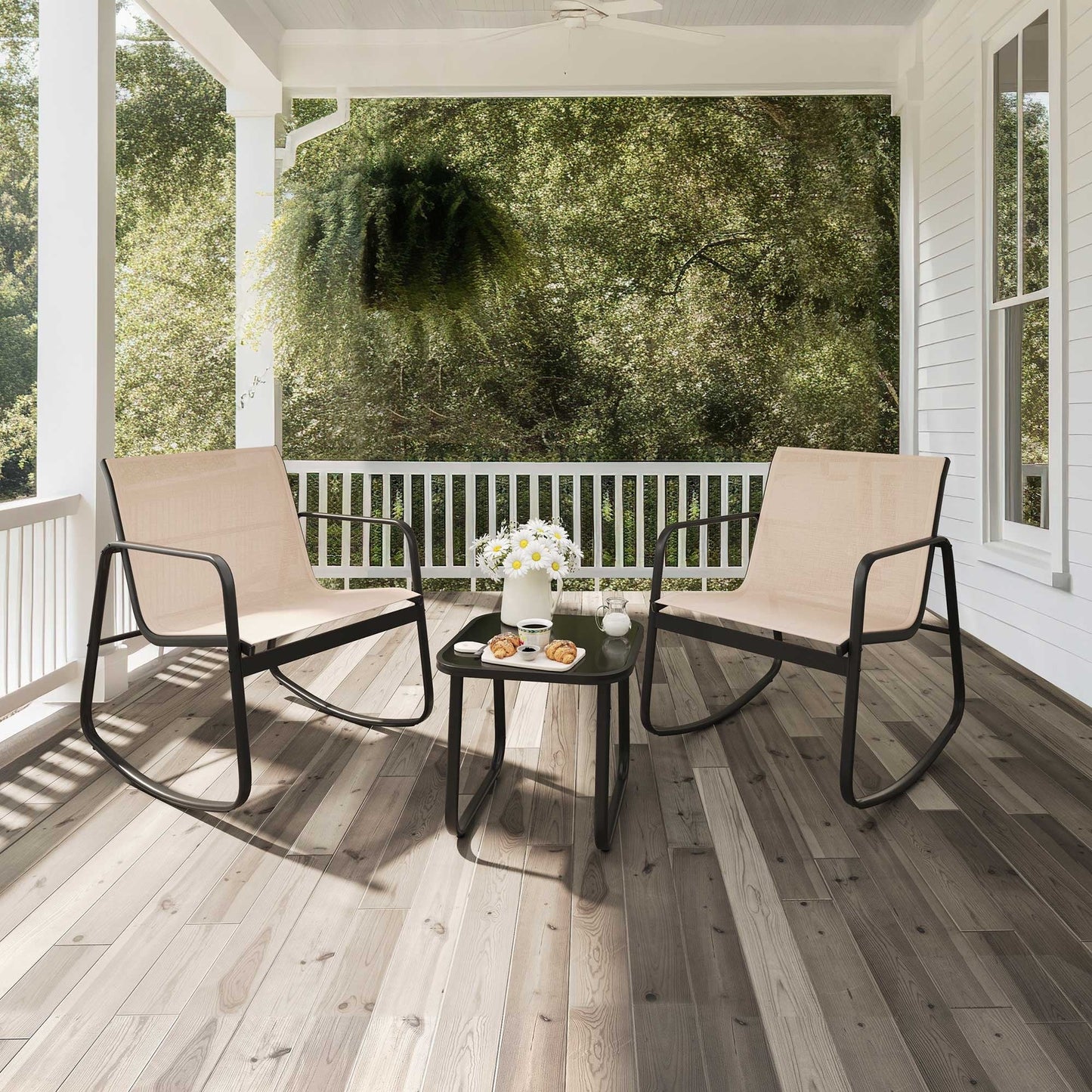 Set da bistrot con mobili da giardino a dondolo Moasis da 3 pezzi, sedie e tavolo in vetro