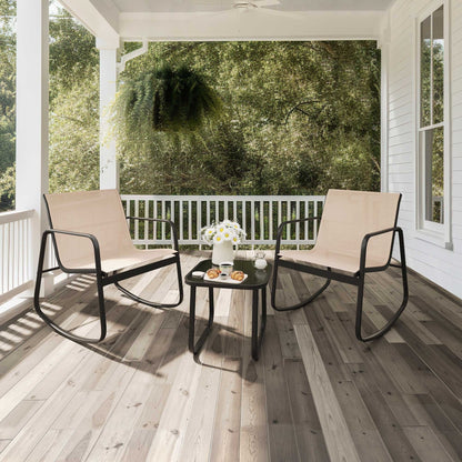 Set da bistrot con mobili da giardino a dondolo Moasis da 3 pezzi, sedie e tavolo in vetro