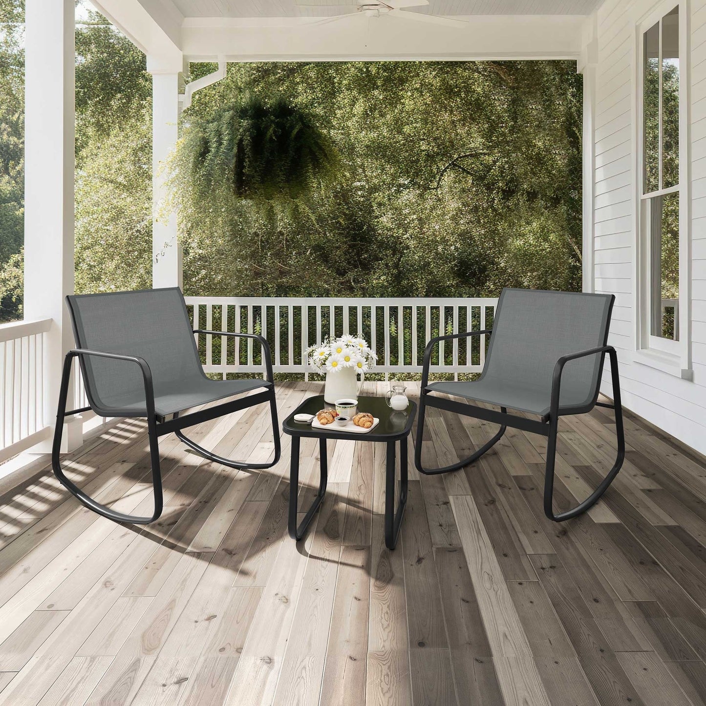 Set da bistrot con mobili da giardino a dondolo Moasis da 3 pezzi, sedie e tavolo in vetro