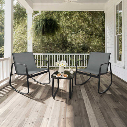 Set da bistrot con mobili da giardino a dondolo Moasis da 3 pezzi, sedie e tavolo in vetro