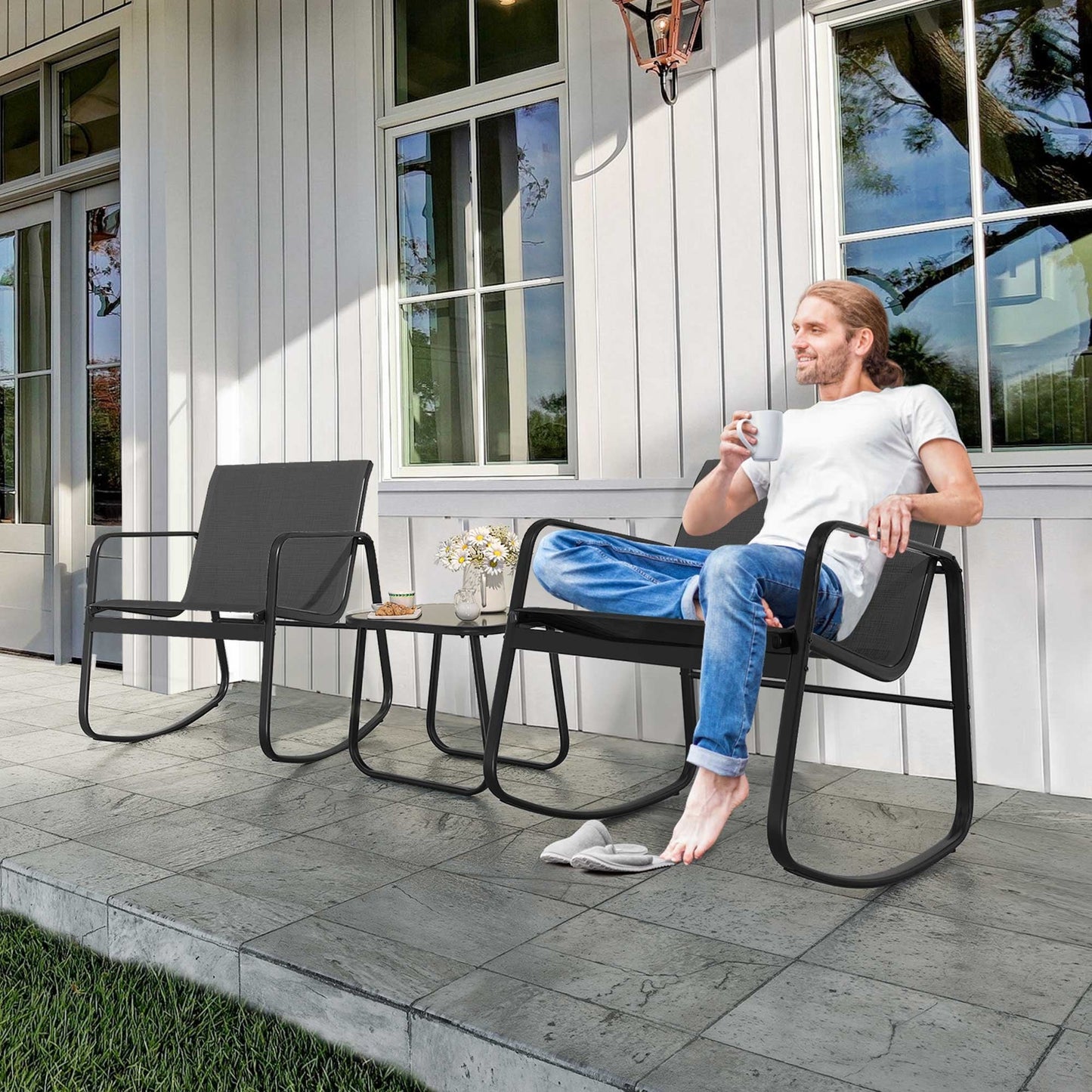 Set da bistrot con mobili da giardino a dondolo Moasis da 3 pezzi, sedie e tavolo in vetro