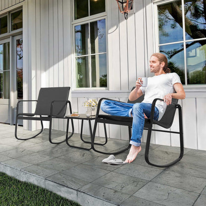 Set da bistrot con mobili da giardino a dondolo Moasis da 3 pezzi, sedie e tavolo in vetro