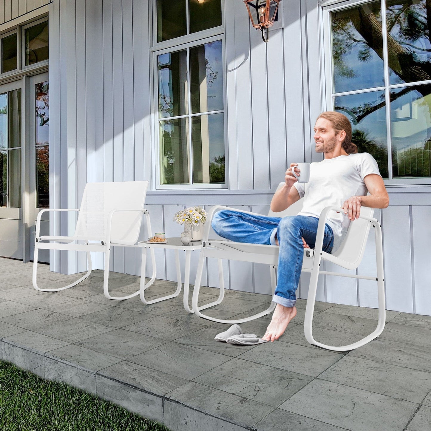 Set da bistrot con mobili da giardino a dondolo Moasis da 3 pezzi, sedie e tavolo in vetro