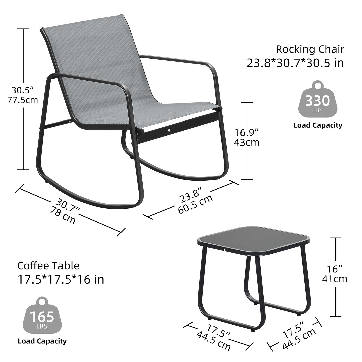 Set da bistrot con mobili da giardino a dondolo Moasis da 3 pezzi, sedie e tavolo in vetro