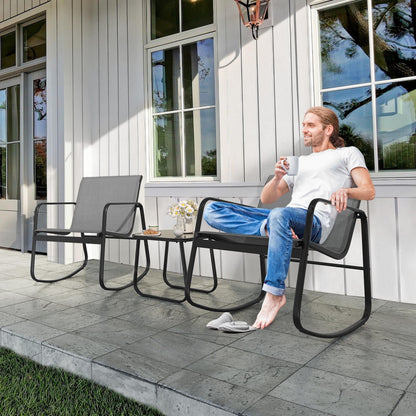 Set da bistrot con mobili da giardino a dondolo Moasis da 3 pezzi, sedie e tavolo in vetro