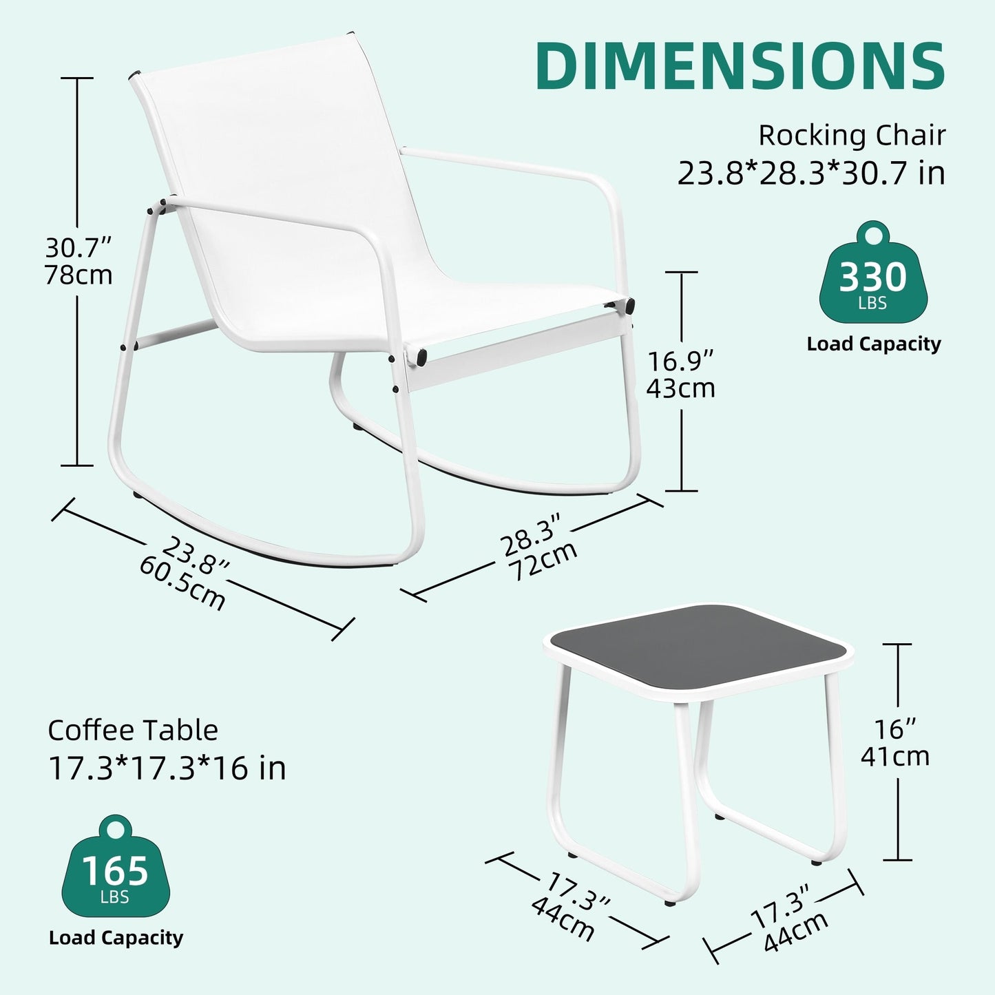 Set da bistrot con mobili da giardino a dondolo Moasis da 3 pezzi, sedie e tavolo in vetro
