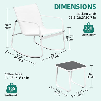 Set da bistrot con mobili da giardino a dondolo Moasis da 3 pezzi, sedie e tavolo in vetro