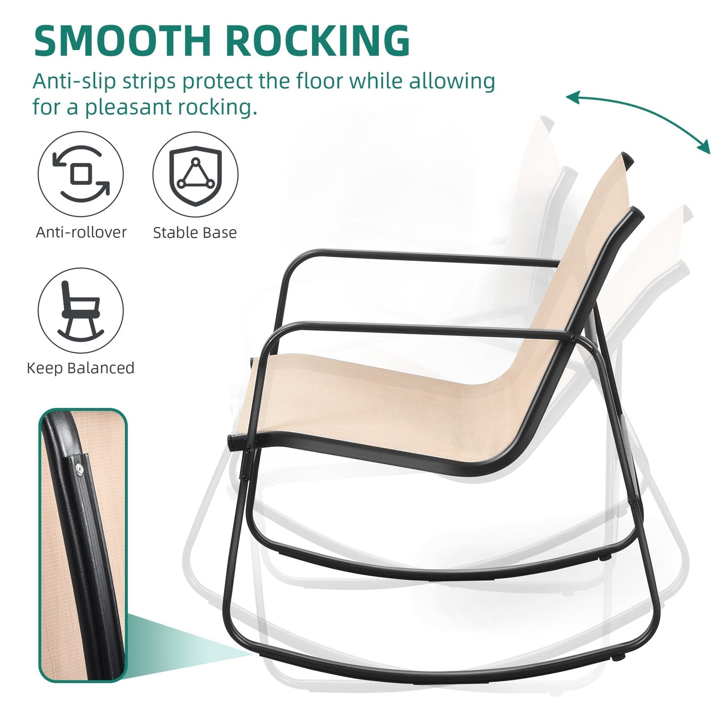 Set da bistrot con mobili da giardino a dondolo Moasis da 3 pezzi, sedie e tavolo in vetro