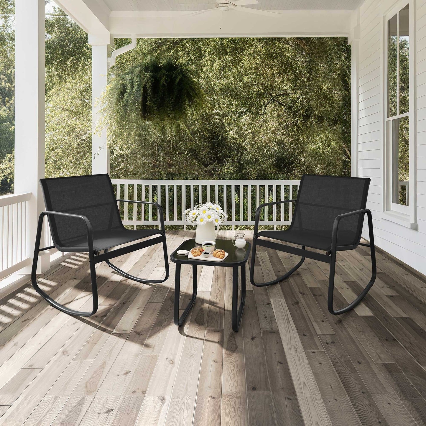 Set da bistrot con mobili da giardino a dondolo Moasis da 3 pezzi, sedie e tavolo in vetro