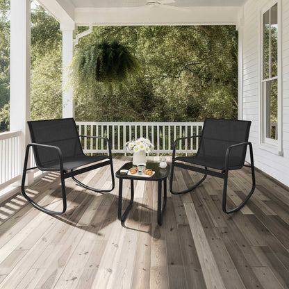 Set da bistrot con mobili da giardino a dondolo Moasis da 3 pezzi, sedie e tavolo in vetro