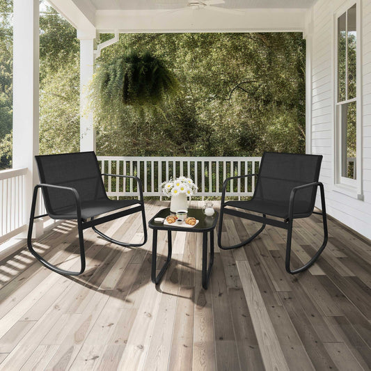 Set da bistrot con mobili da giardino a dondolo Moasis da 3 pezzi, sedie e tavolo in vetro