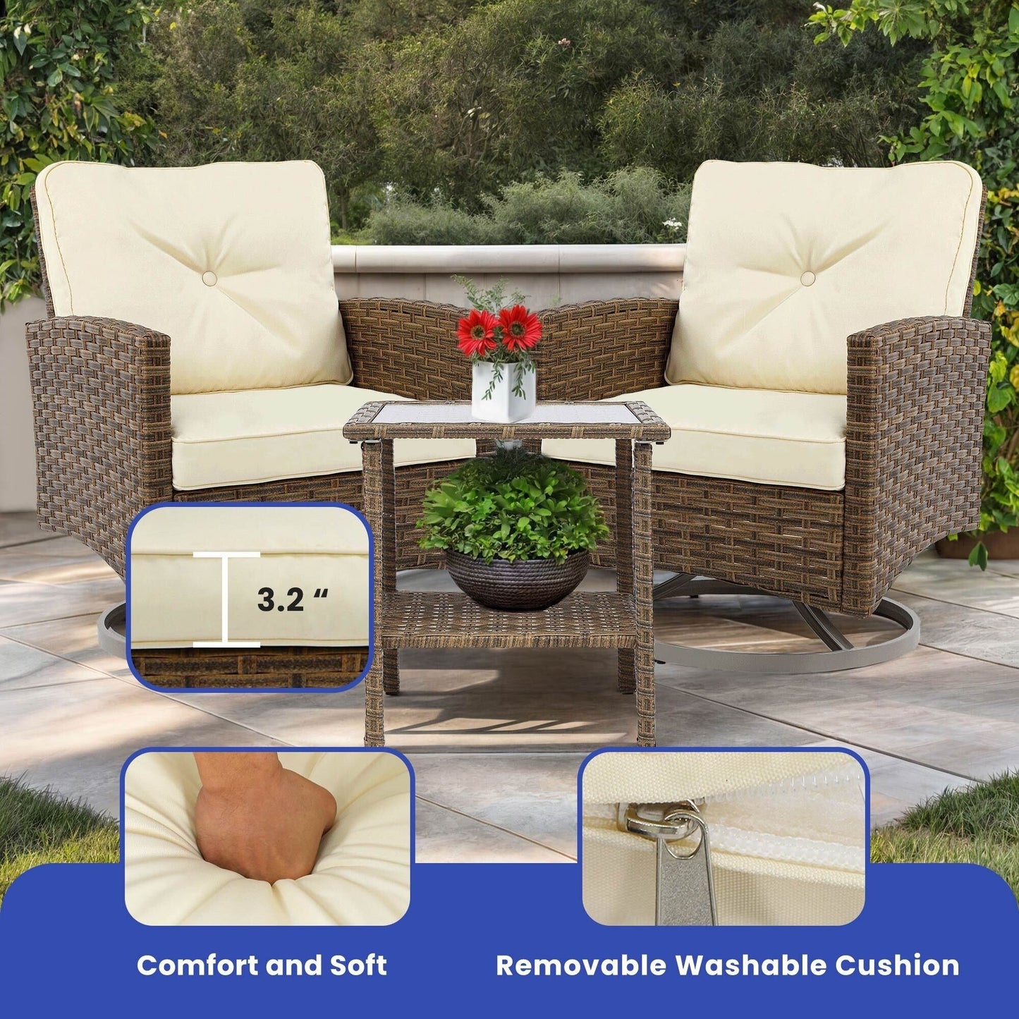 Sedia girevole da esterno in vimini Moasis da 3 pezzi - 3 pezzi