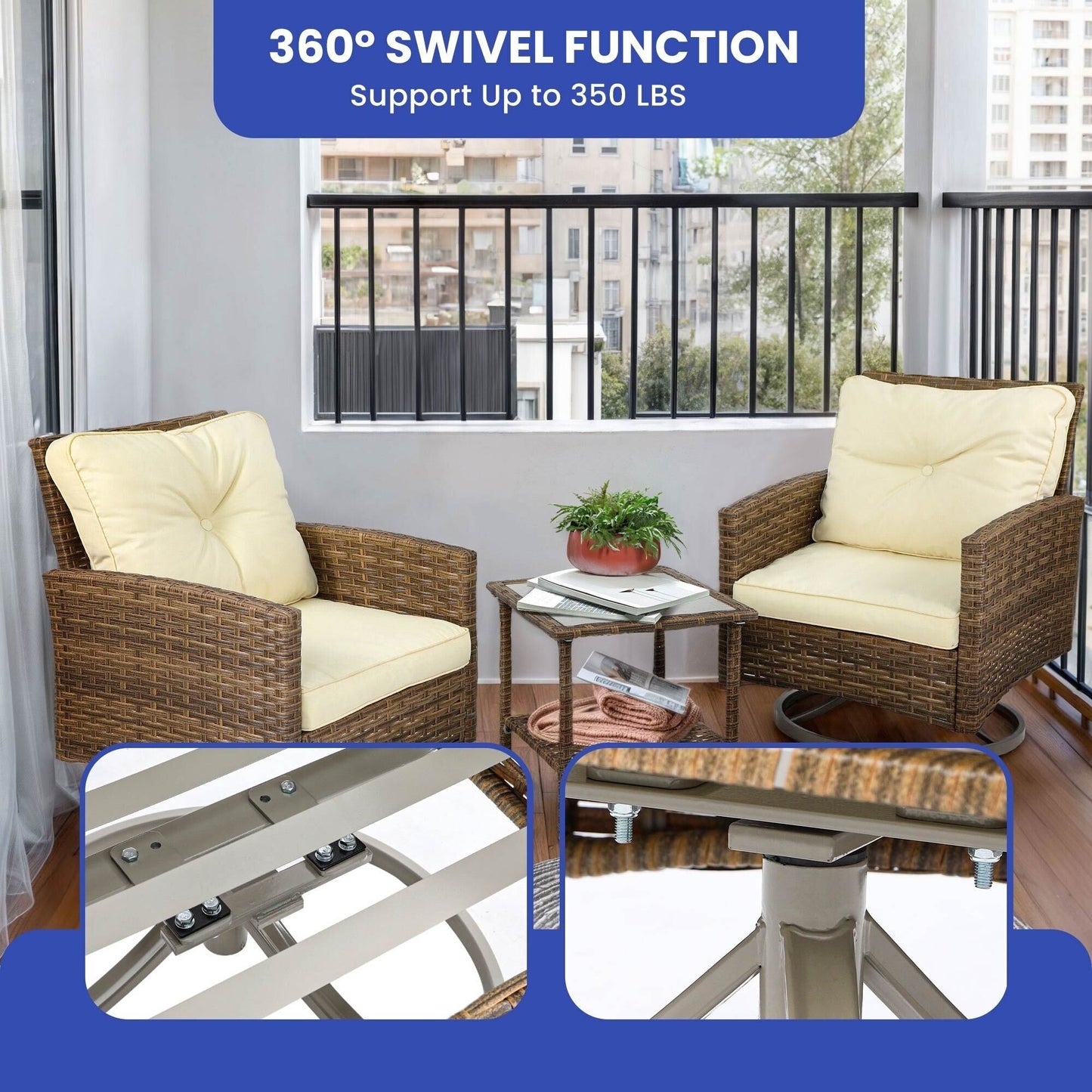 Sedia girevole da esterno in vimini Moasis da 3 pezzi - 3 pezzi