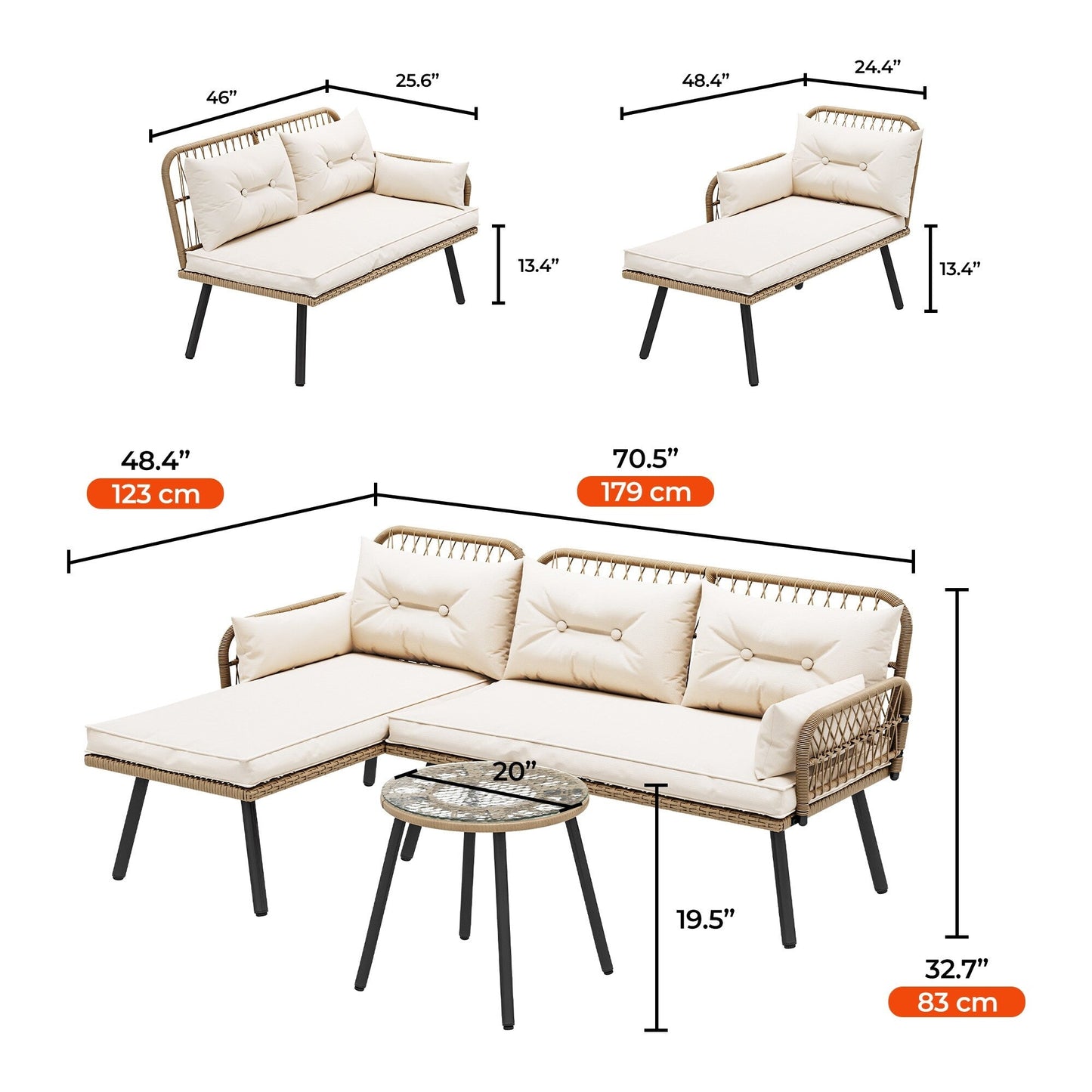 Set di mobili da giardino in vimini Moasis da 3 pezzi, divano componibile a L in rattan, staccabile con cuscini - 70,5 L x 48,4 W x 32,7 H