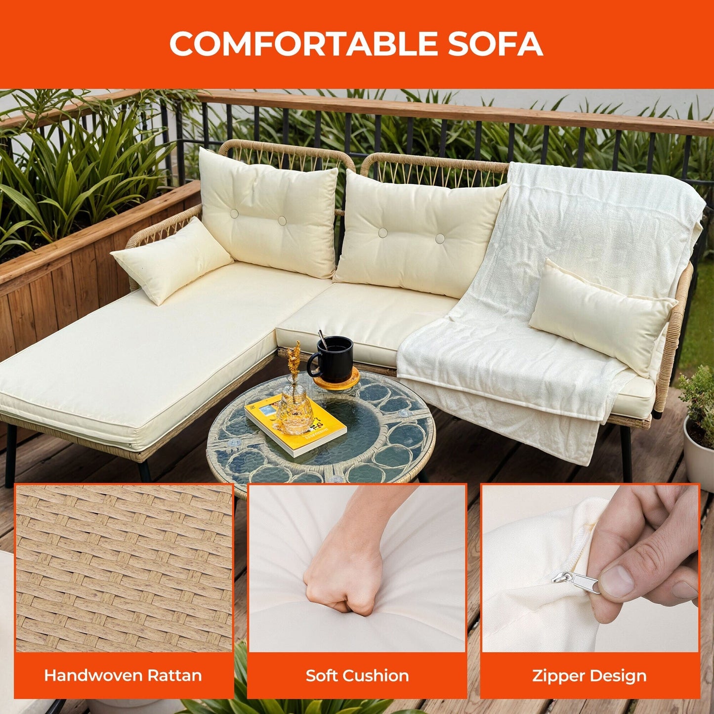 Set di mobili da giardino in vimini Moasis da 3 pezzi, divano componibile a L in rattan, staccabile con cuscini - 70,5 L x 48,4 W x 32,7 H