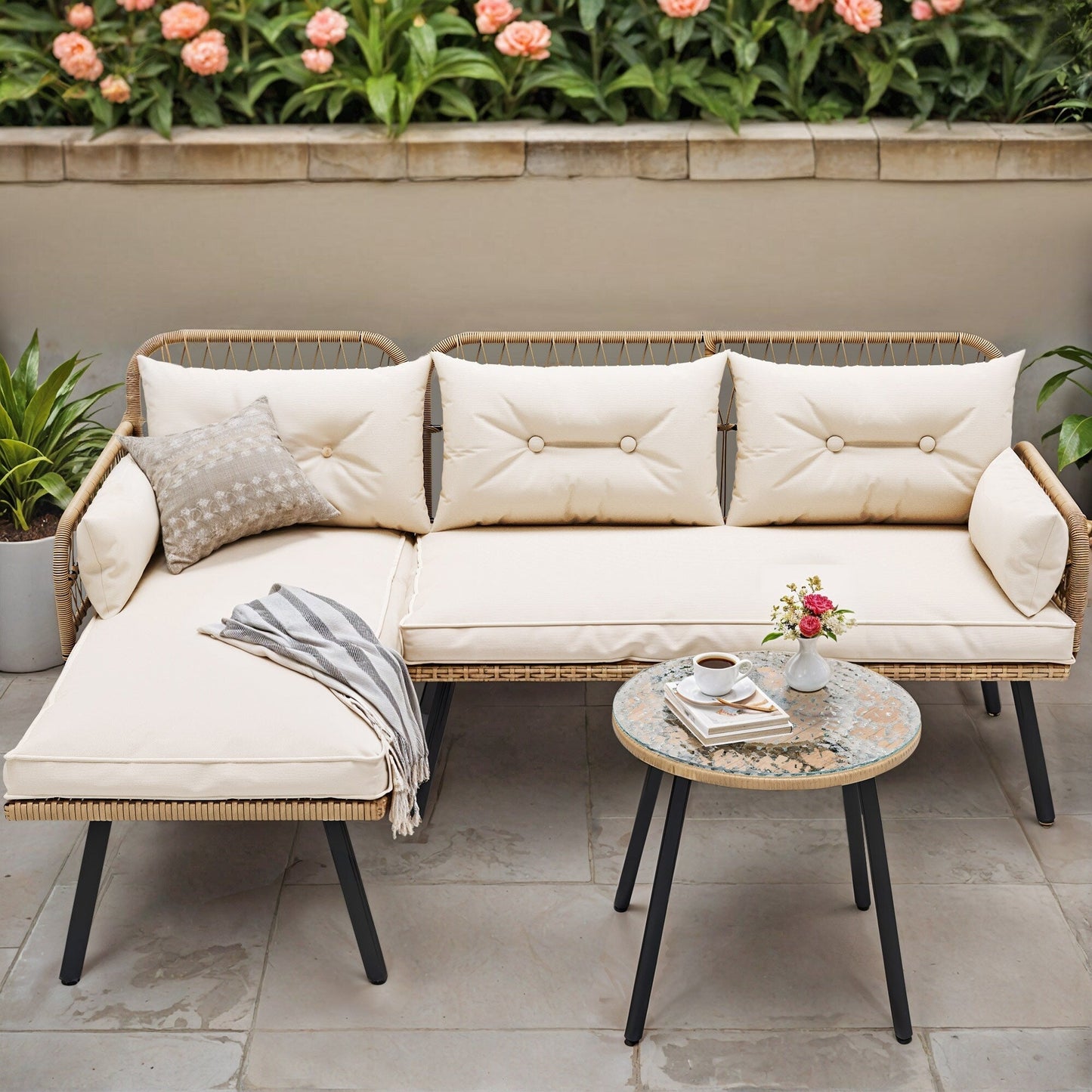 Set di mobili da giardino in vimini Moasis da 3 pezzi, divano componibile a L in rattan, staccabile con cuscini - 70,5 L x 48,4 W x 32,7 H