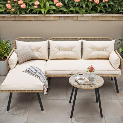 Set di mobili da giardino in vimini Moasis da 3 pezzi, divano componibile a L in rattan, staccabile con cuscini - 70,5 L x 48,4 W x 32,7 H