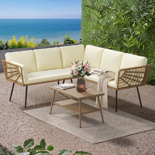 Set da conversazione per patio esterno Moasis da 4 pezzi, divano componibile in vimini, divano a L con tavolino da caffè