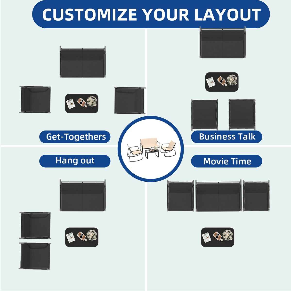 Set da conversazione per patio esterno Moasis da 4 pezzi con sedie a dondolo da bistrot, divanetto e tavolo in vetro
