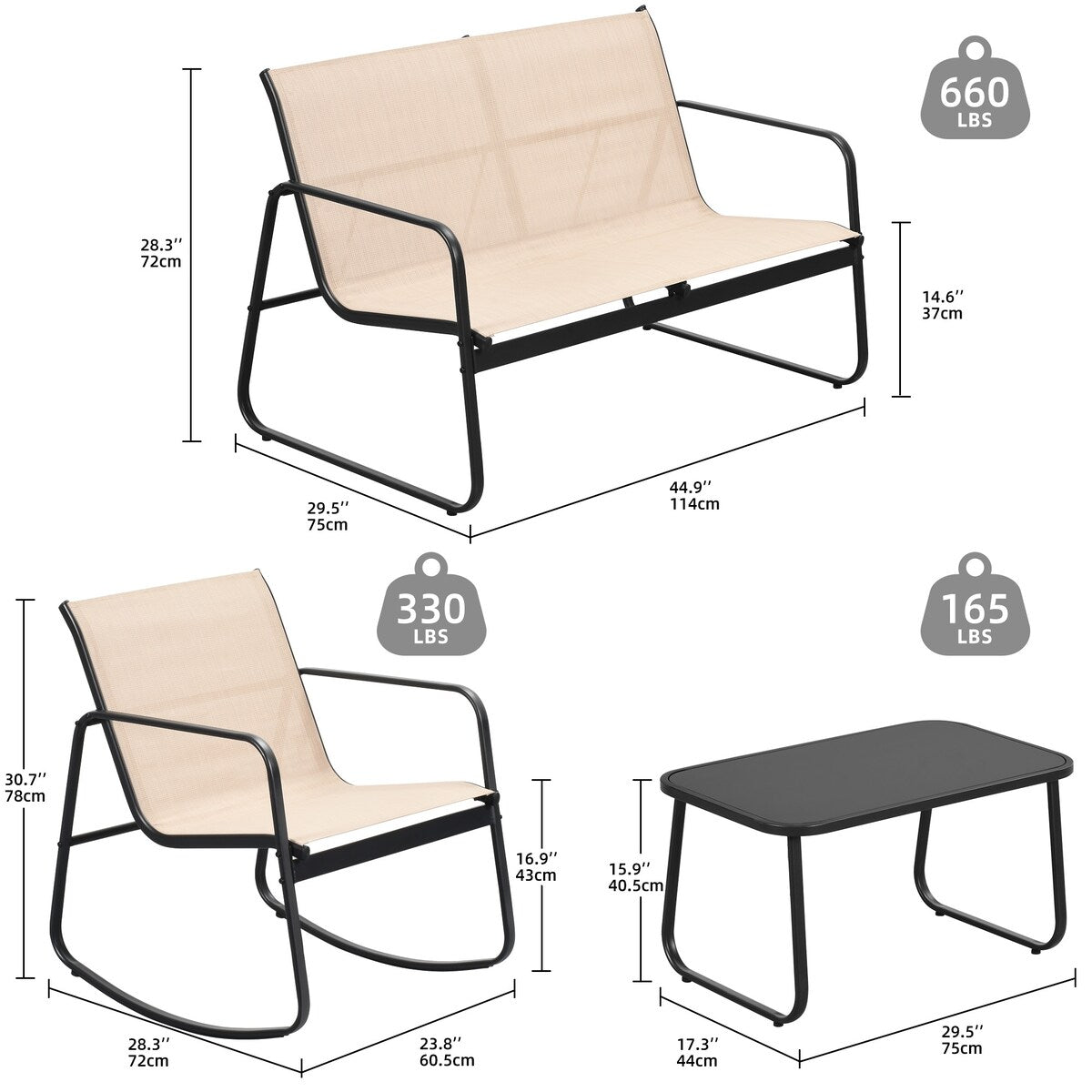 Set da conversazione per patio esterno Moasis da 4 pezzi con sedie a dondolo da bistrot, divanetto e tavolo in vetro