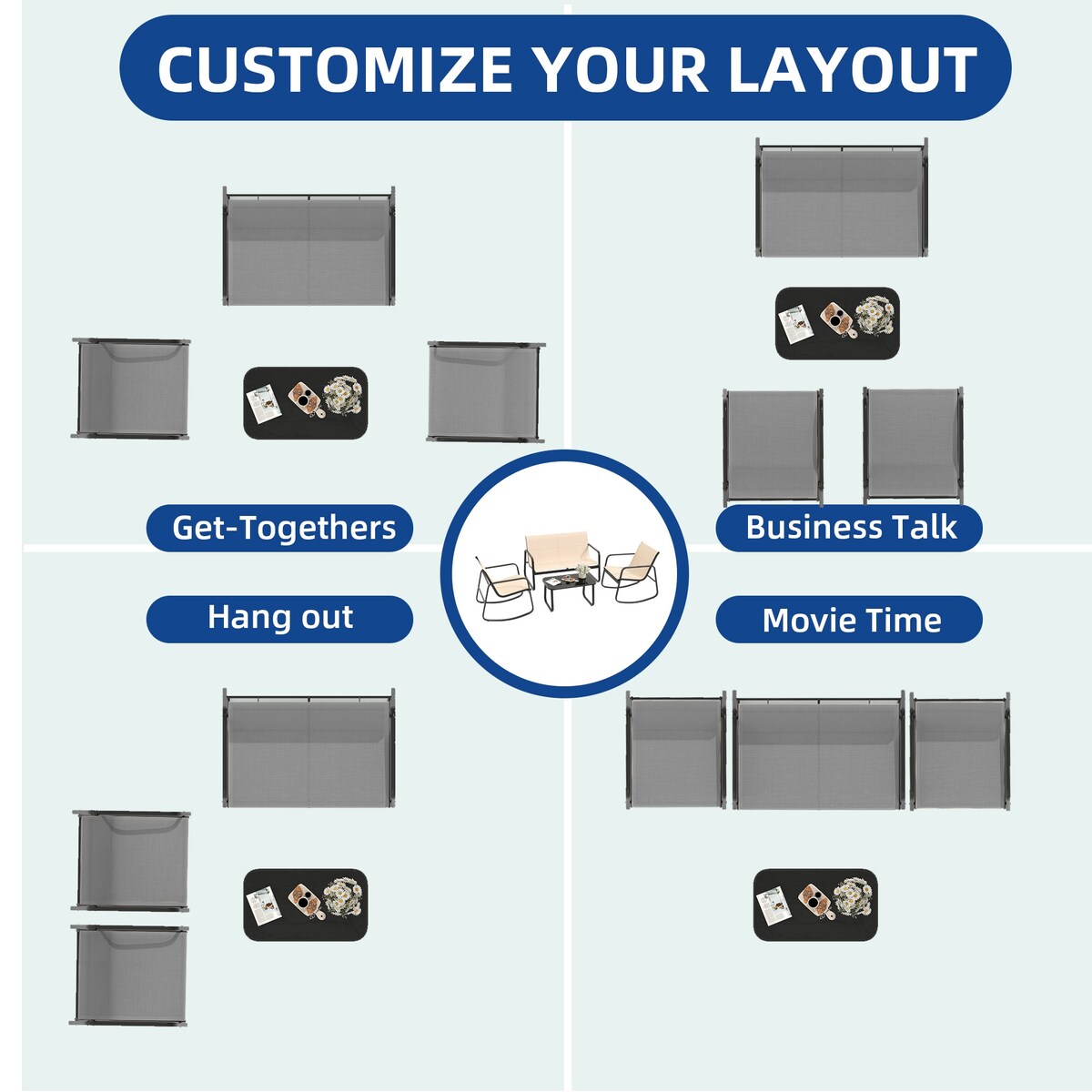 Set da conversazione per patio esterno Moasis da 4 pezzi con sedie a dondolo da bistrot, divanetto e tavolo in vetro