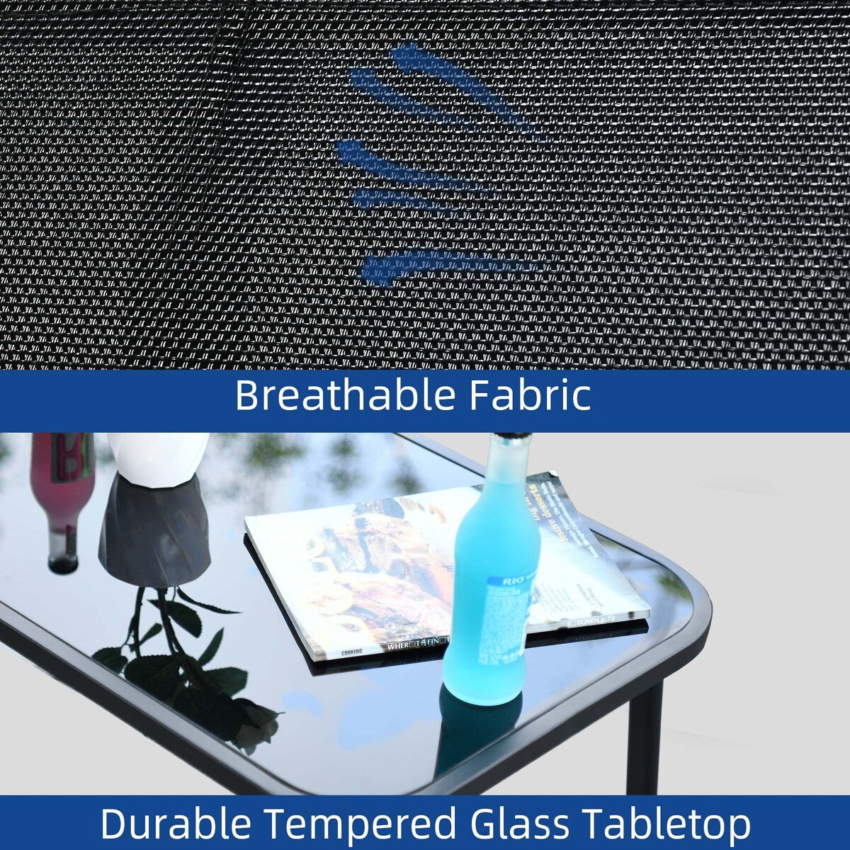 Set da conversazione per patio esterno Moasis da 4 pezzi con sedie a dondolo da bistrot, divanetto e tavolo in vetro